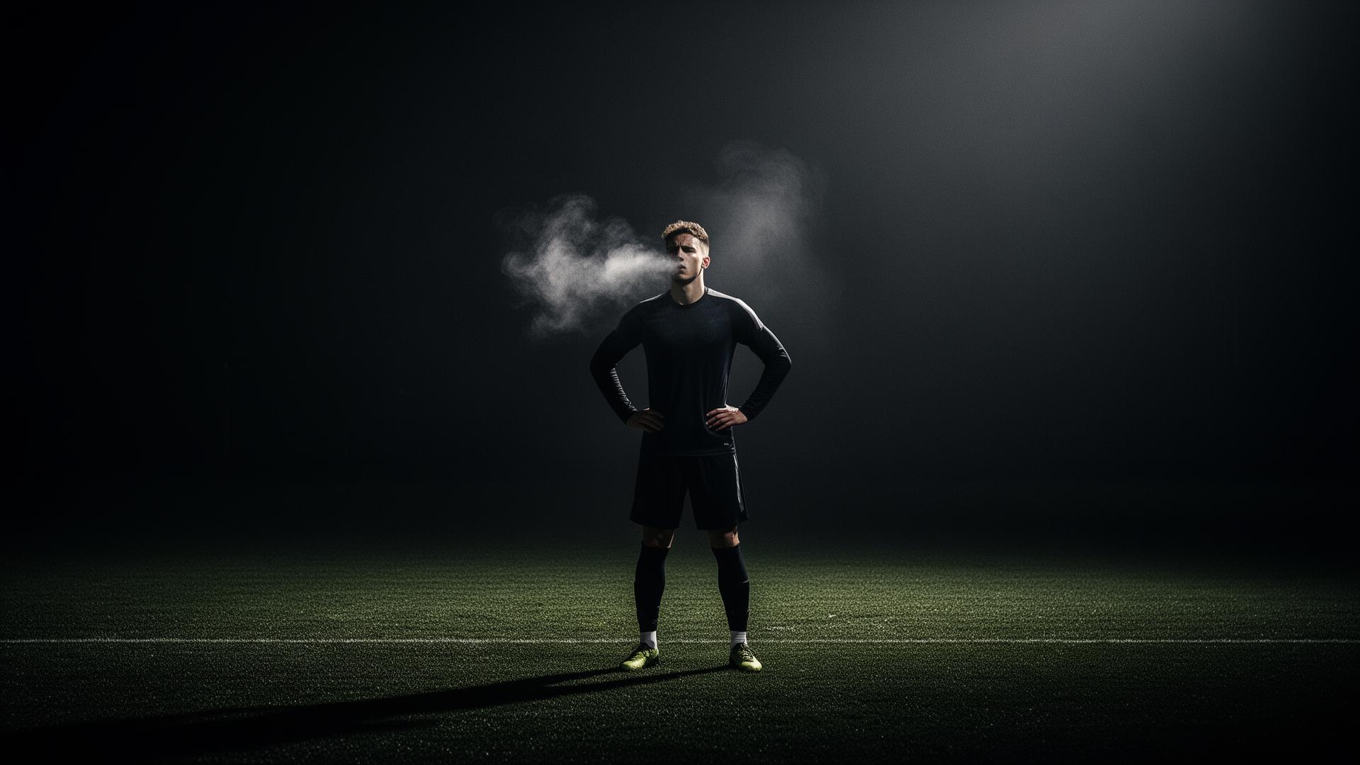 Lone footballer catching breath after a sprint on a dimly lit pitch